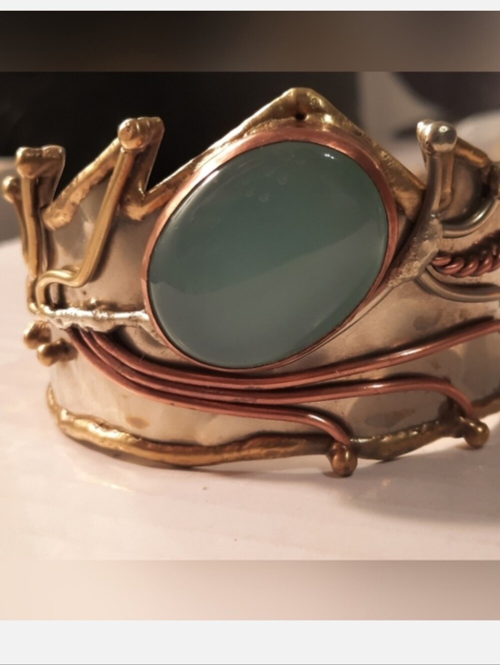 Handcrafted Gold Tone Cuff Bracelet with Aqua ,calcite Stone